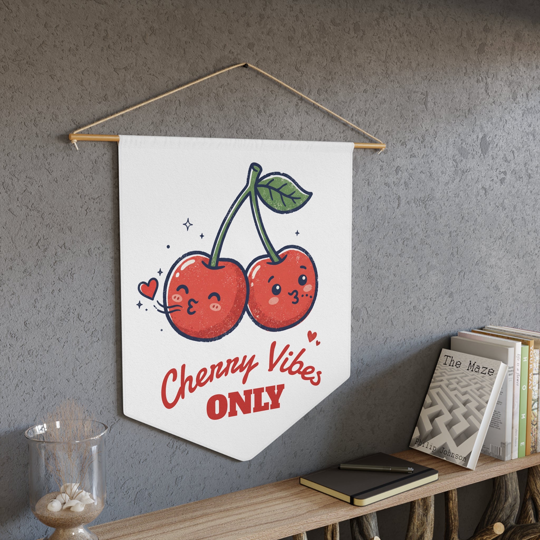 Cherry Vibes Only Pennant Banner — Cute Kawaii Cherry Wall Flag for Kitchen, Dorm, or Gift