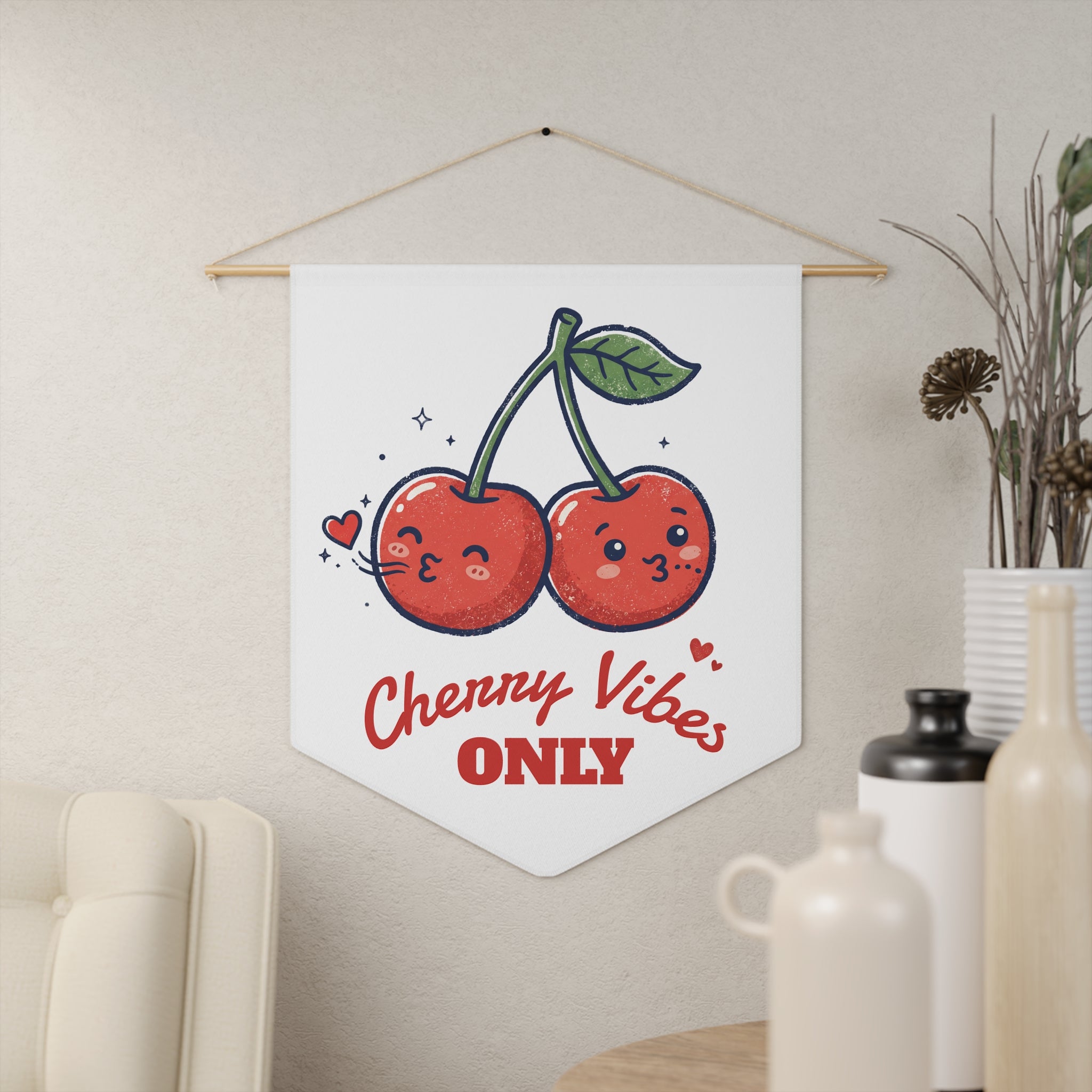 Cherry Vibes Only Pennant Banner — Cute Kawaii Cherry Wall Flag for Kitchen, Dorm, or Gift