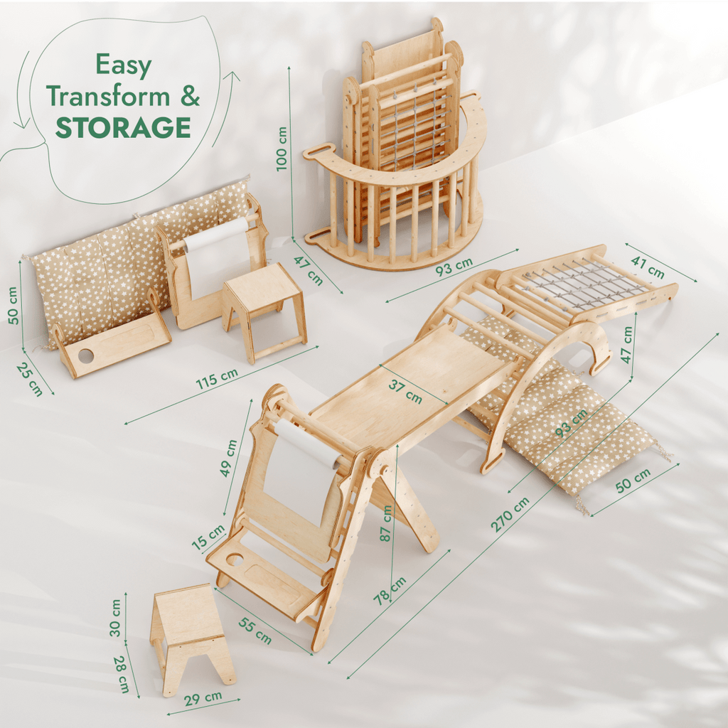 6in1 Montessori Climbing Set: Triangle Ladder + Arch/Rocker + Slide/Ramp + Net + Cushion + Art Addition