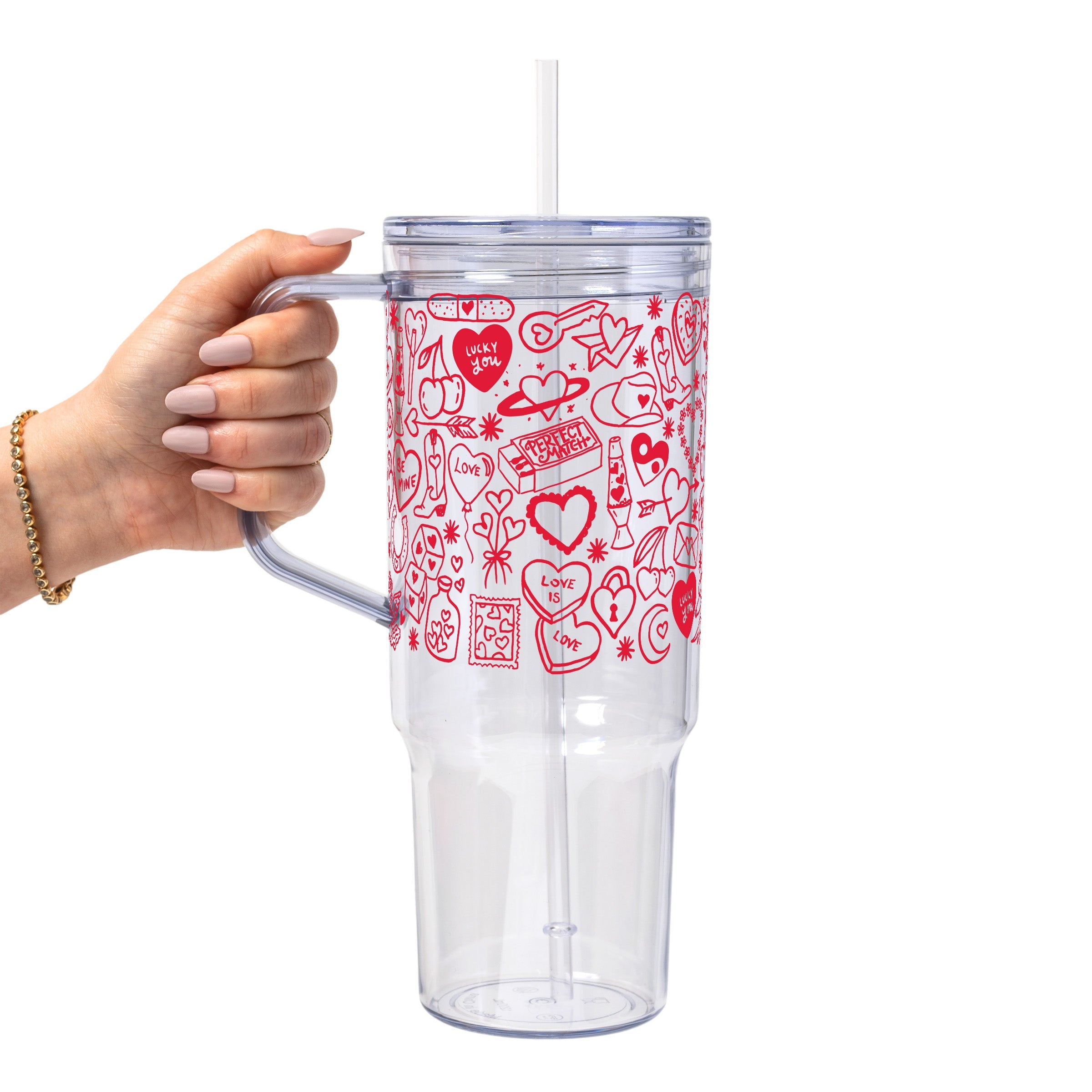 Red Tiny Tattoo Glass Cup, Mug & Tumbler with Lid and Straw