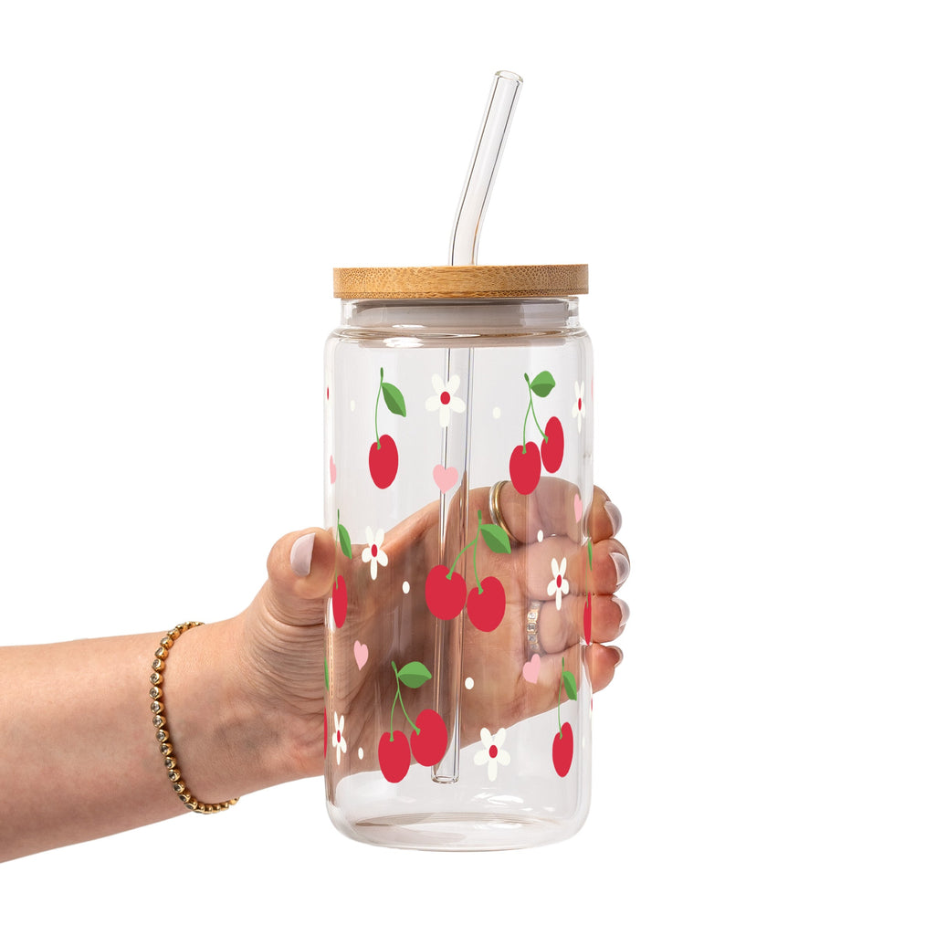 Red Cherries Pink Hearts Glass Cup, Mug & Tumbler with Lid and Straw