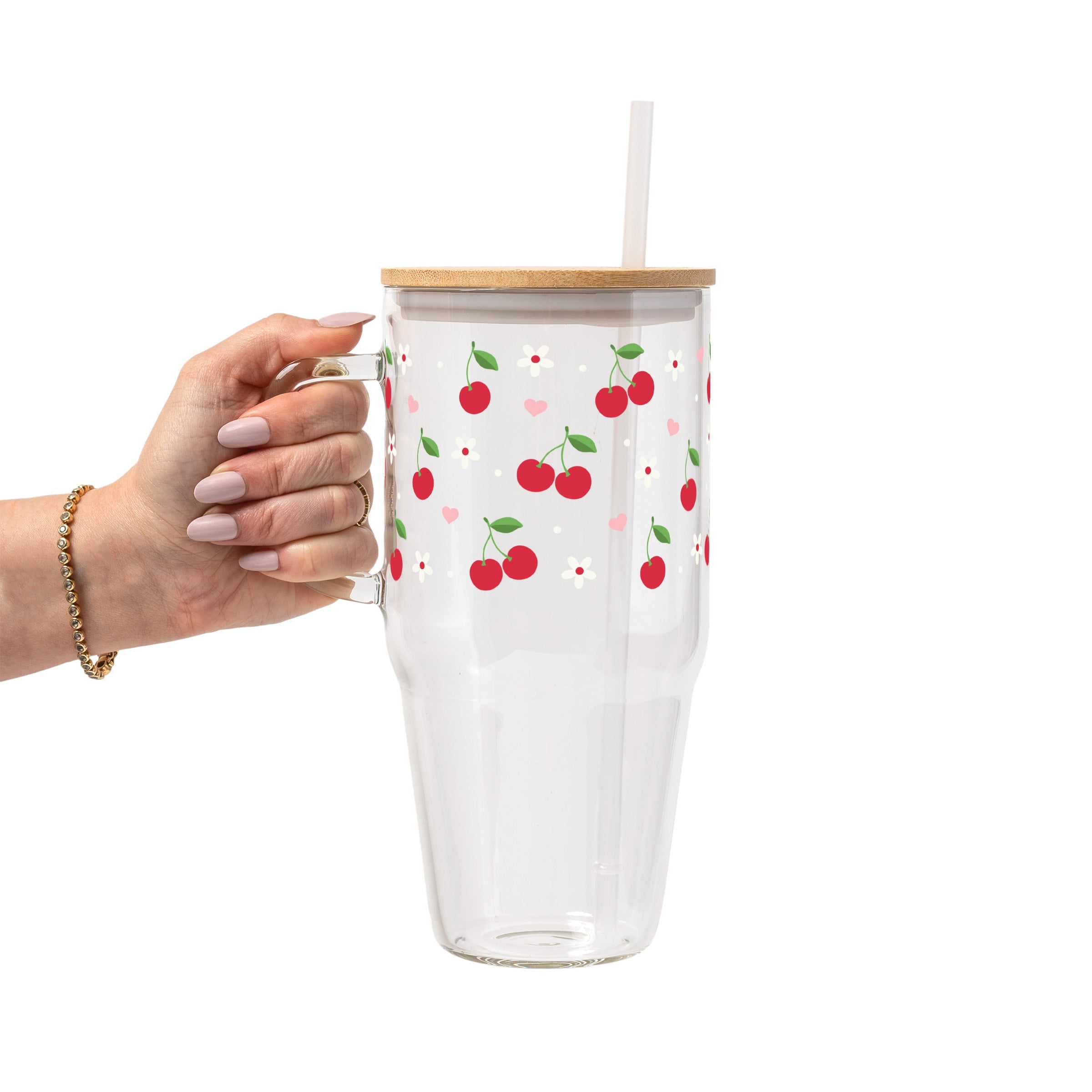 Red Cherries Pink Hearts Glass Cup, Mug & Tumbler with Lid and Straw